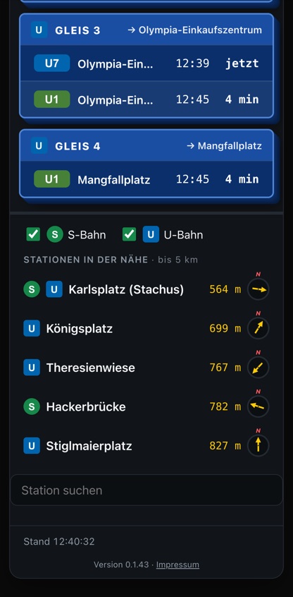 Stationen in der Nähe mit Entfernung und Kompasspfeil, darunter die Stationssuche
