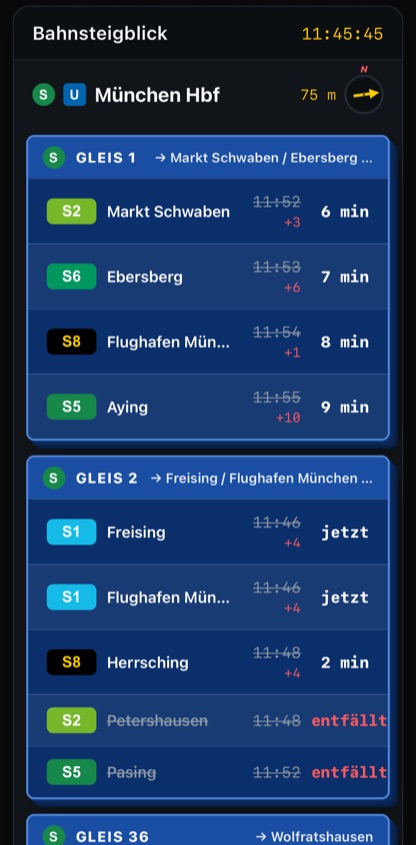 Abfahrtstafel am Münchner Hauptbahnhof: Gleise mit Linie, Ziel, Verspätung und Minuten bis zur Abfahrt